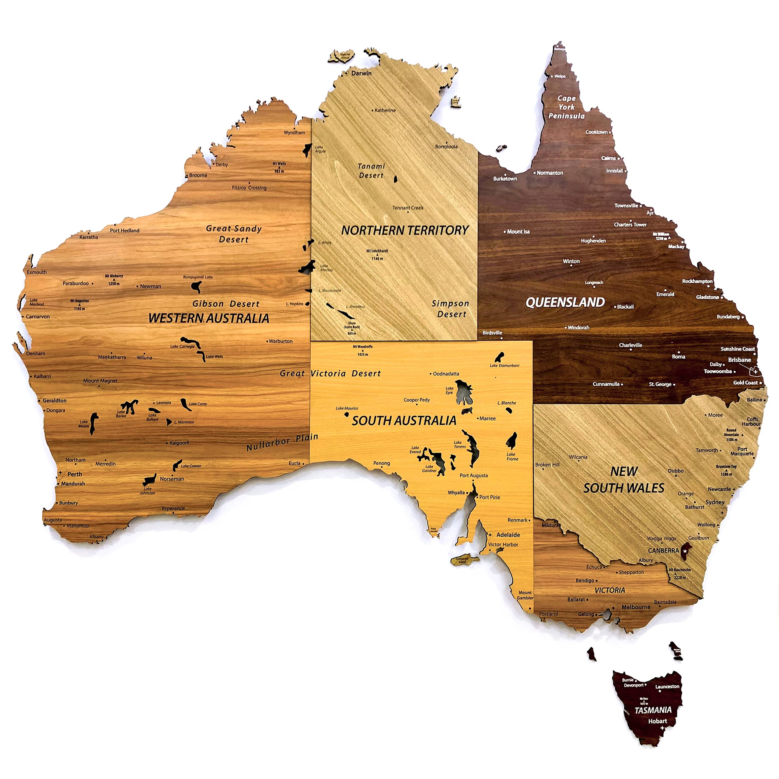 Bản đồ gỗ Úc Australia treo tường 3D bản đồ úc bằng gỗ 3d treo tường với thiết kế các bang nổi bật bằng nhiều tông gỗ tự nhiên
