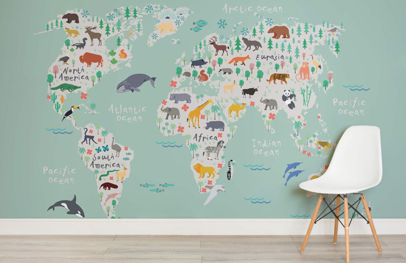 Những hình nền bản đồ thế giới vui nhộn này là một cách tuyệt vời để tạo một bức tường nổi bật trong phòng ngủ trẻ em vừa mang tính nghệ thuật vừa mang tính giáo dục.