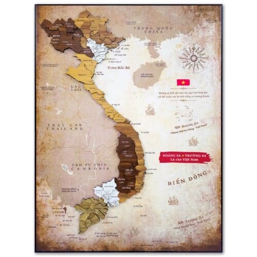 Tấm bản đồ gỗ Việt Nam 3D gắn trên tranh canvas, hiển thị chi tiết các vùng biển và các quốc gia xung quanh.